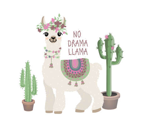 Lama, alpaca with cacti - print for a mug, sticker, t-shirt. No drama llama.のイラスト素材