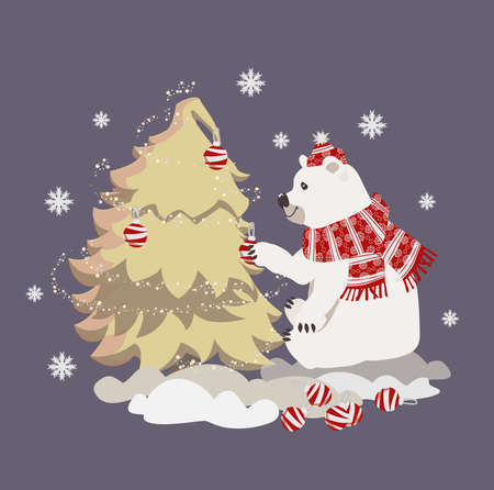 White polar bear in winter before Christmas and Happy New Year, postcardの写真素材