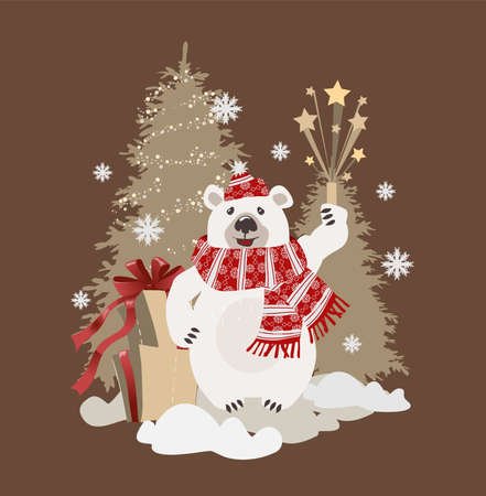 White polar bear in winter before Christmas and Happy New Year, postcardの写真素材