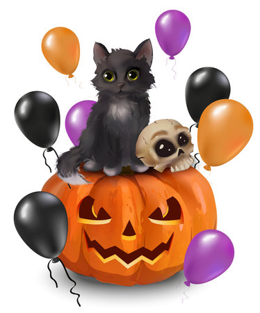 Black cat for halloween with a pumpkin and a skull. Sticker drawing for a party.の写真素材