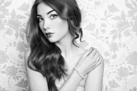 Portrait of young beautiful girl. Fashion photo. Hairstyle. Make up. Vogue Style. Black and white photo.の写真素材