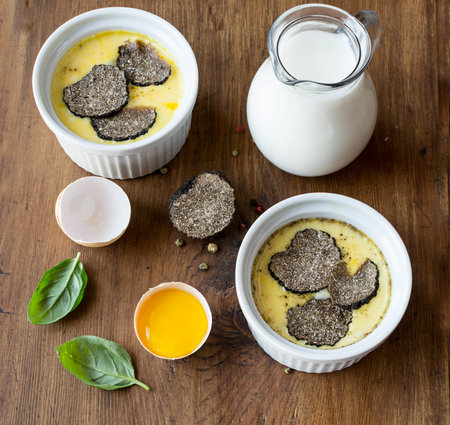 Omelette with ingredients on the wooden table .Top view.の写真素材