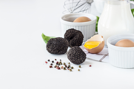 Black truffles with eggs and milk. Close- up.の写真素材