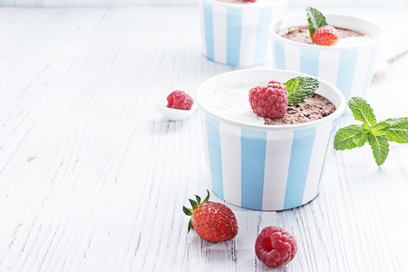 Chocolate vanilla ice cream with summer berries on white wooden board. Selective focus, copy space.の写真素材