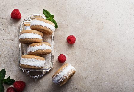 Homemade ice cream sandwiches  with coconut flakes raspberries and mint on old black wooden board, over marble texture background. Top view with copy space.の写真素材