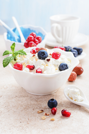 Cottage cheese with berries on light background.の写真素材