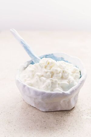 Rustic white bowl of homemade cottage cheese on a wooden marble table with copy space. Selective focus.の写真素材