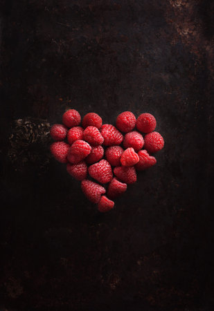 Raspberries in heart shape, for valentine's day on old black metal background.