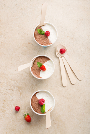 Chocolate vanilla ice cream with summer berries on marble table. Top view copy space.の写真素材