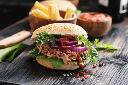 homemade pulled pork burger with coleslaw and bbq sauceの写真素材