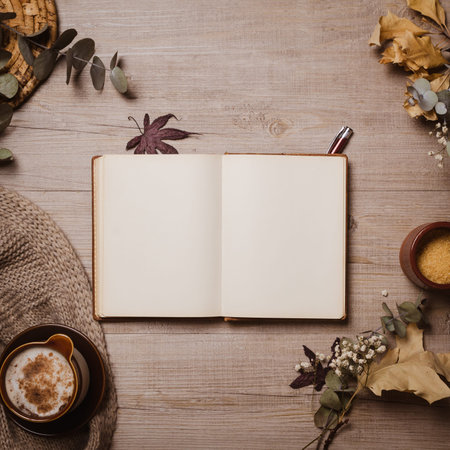 Fall mockup old notebook with red pen, autumn leaves, cup of cappuccino and cozy wool scarf. Flat...