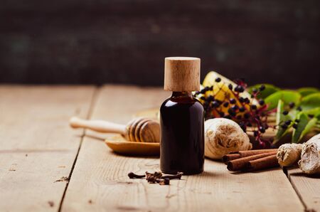Elderberry syrup with honey, ginger, cinnamon,cloves. Homemade remedy for Immune boosting for flu season, colds.の写真素材