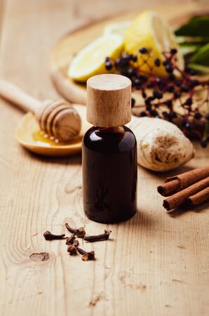 Elderberry syrup with honey, ginger, cinnamon,cloves. Homemade remedy for Immune boosting for flu season, colds.の写真素材