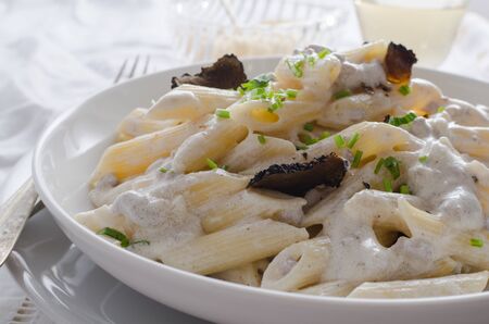 Penne alla norcina - Italian  pasta with  cream sauce and black truffle in white plate, free text space.の写真素材