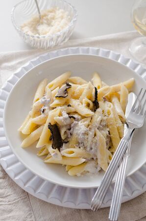 Penne alla norcina - Italian  pasta with  cream sauce and black truffle in white plate, free text space.の写真素材