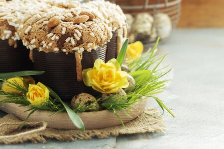 Cake on old rustic grey board. Selective focus, free text space.の写真素材