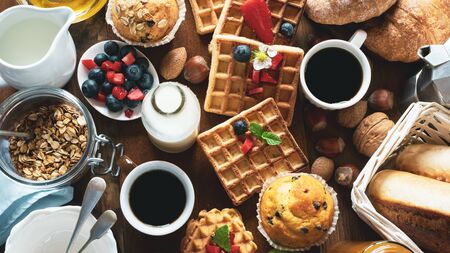 Health and colorful breakfast on woodenの写真素材