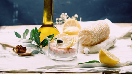 SPA massage ingredients hymalaian salt with lemon and olive oil on vintage background. SPA treatment concept.の写真素材