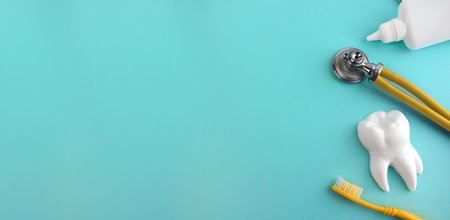 Dental care border. Tooth model, yellow toothbrush, clinic equipment on aqua mint. Banner with copy space.の写真素材