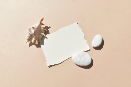 Summer stationery sunlight flat lay. Mock up empty paper blank card with sea shells and pebbles on...