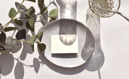 Mock up empty blank invitation card, ceramic plate cocktail glass and eucalyptus leaves on sunlit background. Summer mockup table setting for wedding, business or menu. Harsh shadowsの写真素材