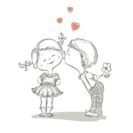 Hand drawn Illustration of kissing boy and girlのイラスト素材