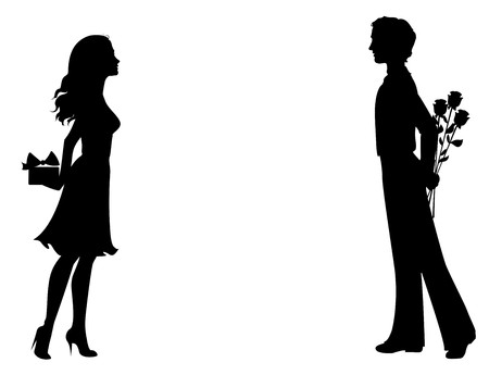 Silhouettes of man and woman with giftsのイラスト素材