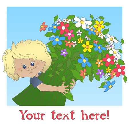 Card template: young boy with a big bouquet of flowerのイラスト素材
