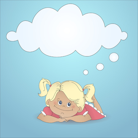 Cartoon girl dreaming with a thought bubble made of cloudsのイラスト素材