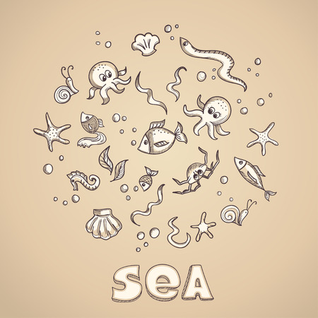 Sketch of sea life elements. Eps 8 vector illustrationのイラスト素材