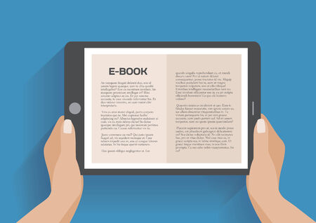 Hands holding electronic book, flat design concept. Using e-book, eps 10 vector illustrationのイラスト素材