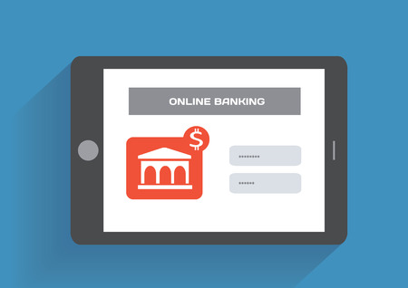 Tablet pc with online banking icon on the screen. Flat design concept.のイラスト素材