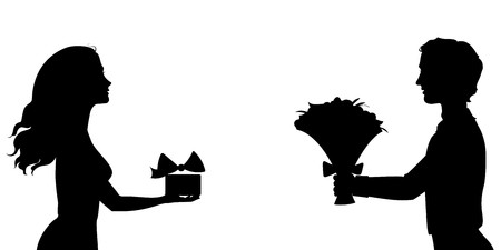 Silhouettes of man and woman with gifts, vector illustrationのイラスト素材