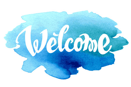 Welcome hand drawn lettering against watercolor background. のイラスト素材