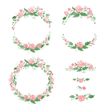 Watercolor floral frames, wreath, dividers.のイラスト素材
