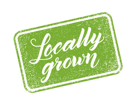 Locally grown stamp with hand drawn lettering isolated on white. Layered vector illustration, can be placed on any background you like. Label, badge template.のイラスト素材