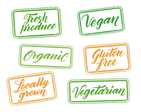 Healthy food stamps with hand drawn letterings isolated on white. Layered vector illustration, can be placed on any background you like. Organic, gluten free, vegan, locally grown, vegetarian, fresh produce labels.のイラスト素材