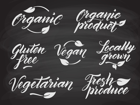 Hand drawn healthy food letterings stylized with chalk on blackboard. Organic, organic product, gluten free, vegan, locally grown, vegetarian, fresh produce. Label, logo template. Eps 10 vector.のイラスト素材
