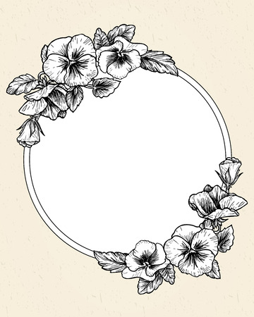 Frame with hand drawn pansy flowers, vector illustration. Vintage style.のイラスト素材