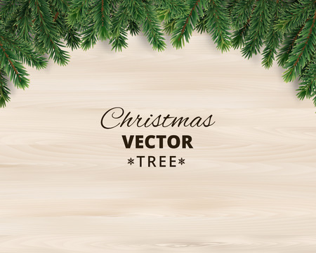 Christmas tree branches on wooden background, vector illustration. Realistic fir-tree border, frame. Great for christmas cards, banners, flyers, party posters.のイラスト素材