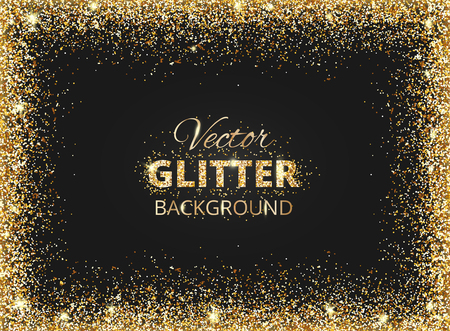 Black and gold background with glitter frame and space for text. Vector glitter decoration, golden dust. Great for christmas and birthday cards, wedding invitation, party posters and flyers.