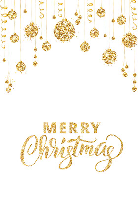 Merry Christmas card with lettering and glitter decoration. Hanging christmas balls and ribbons isolated on white. Great for greeting cards, party posters, banners, flyers. Vector illustration.のイラスト素材