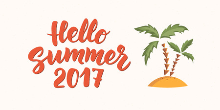 Hello Summer text with beach design elements. Palms on sand iconのイラスト素材