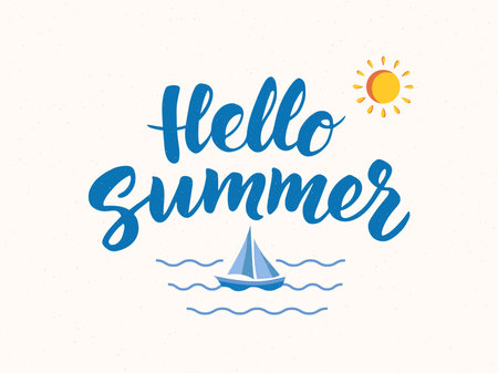 Hello Summer text with nautical design elements. Boat icon and wのイラスト素材