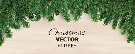 Banner with vector christmas tree branches on wooden background. Realistic fir-tree border, vector frame. Great for christmas cards, banners, flyers, party posters, headers.のイラスト素材
