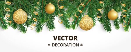 Horizontal christmas banner with fir tree garland, hanging balls and ribbons.のイラスト素材