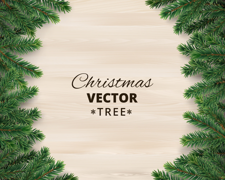 Christmas tree branches on wooden background, vector illustration. Realistic fir-tree border, frame. Great for christmas cards, banners, flyers, party posters.のイラスト素材