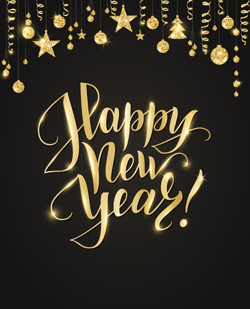 Happy New Year card with hand written lettering. Holiday background with sparkling typography. Golden glitter border, garland with hanging balls and ribbons. Great for banners, party posters.のイラスト素材