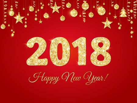 2018 card with glitter typography design. Golden sparkling numbers. Golden glitter border, garland with hanging balls and ribbonsのイラスト素材