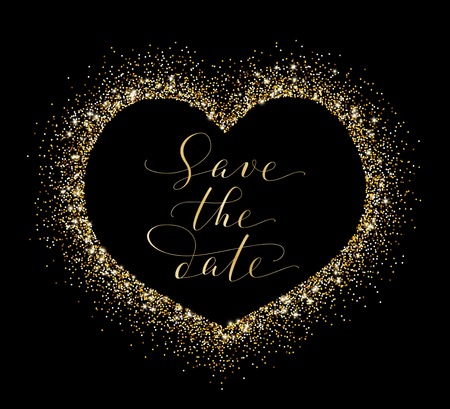 Save the date card with golden glitter frame decoration. Hand written custom calligraphy on black.のイラスト素材
